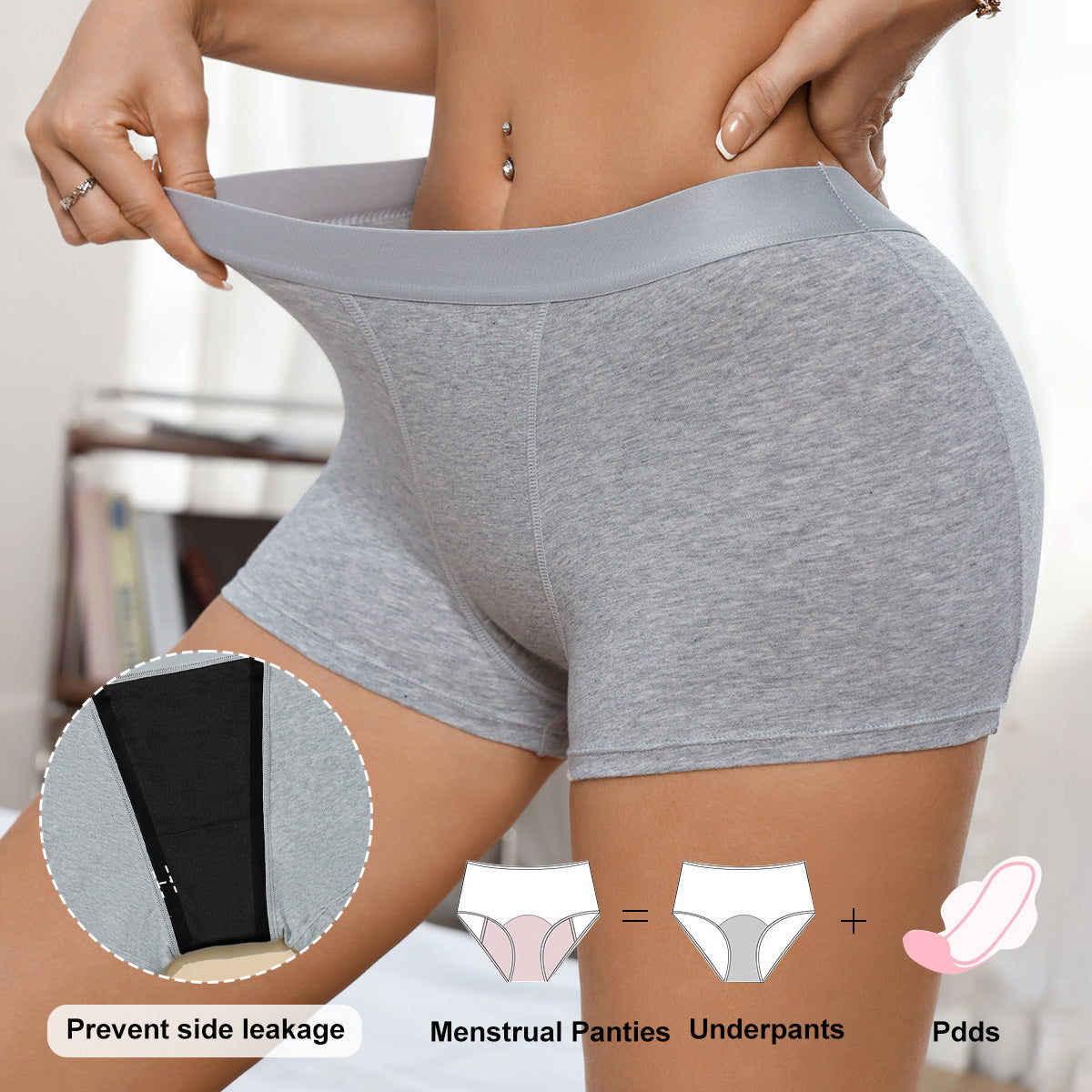 Four-layer leak-proof menstrual panties for women, designed by Flip Styles, shown in a close-up of the active top style.