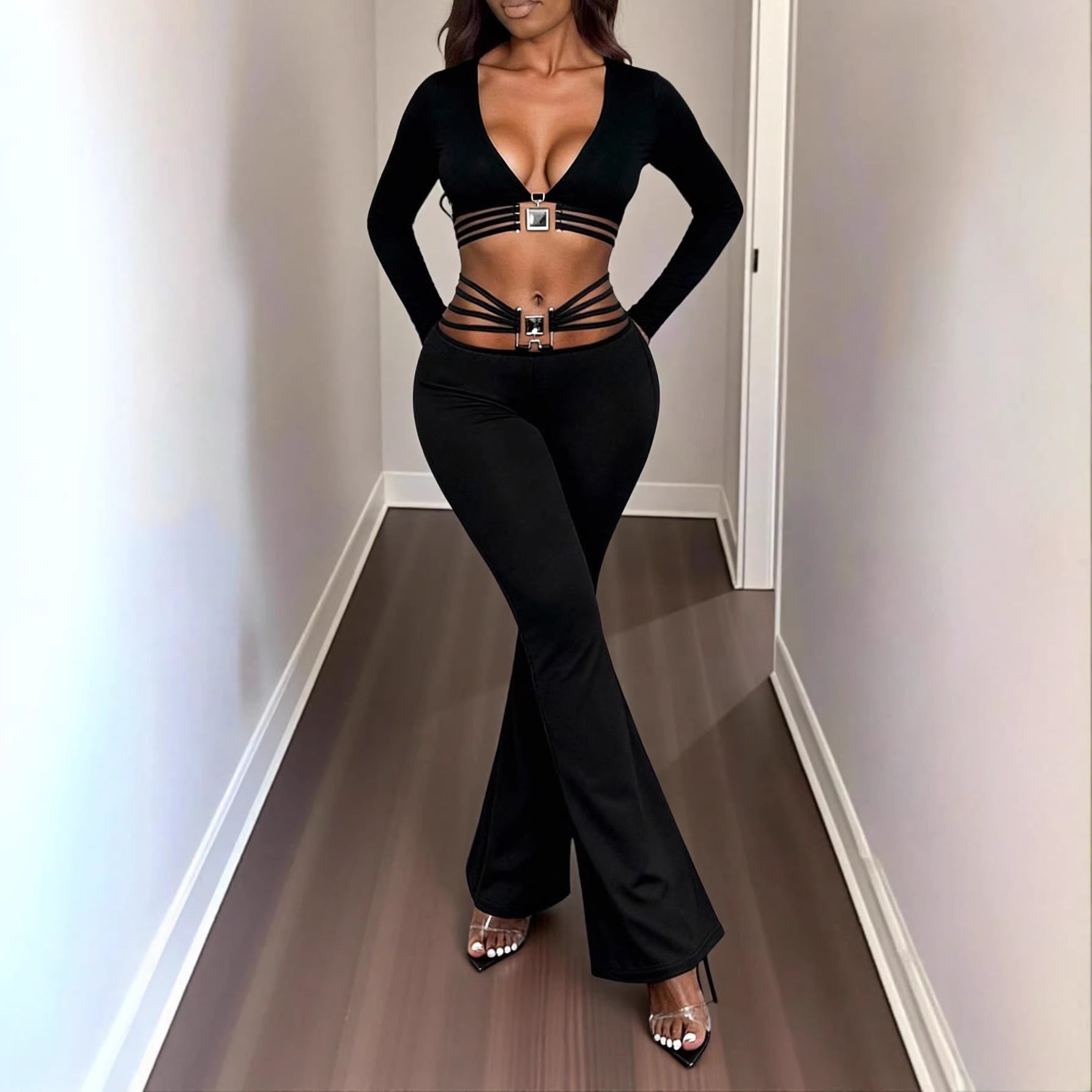 Black high-waist flared active pants with tummy-control and butt-lifting features from Flip Styles, shown on a model.