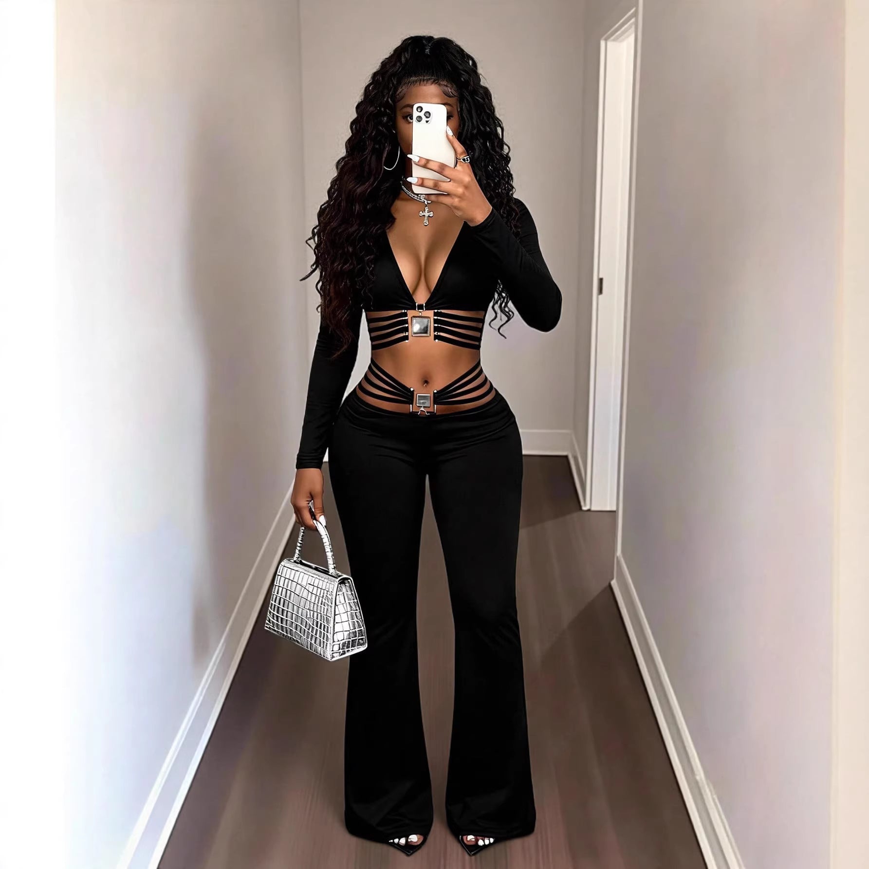 Black high-waist flared active pants with tummy-control and butt-lifting features by Flip Styles, shown on a model.