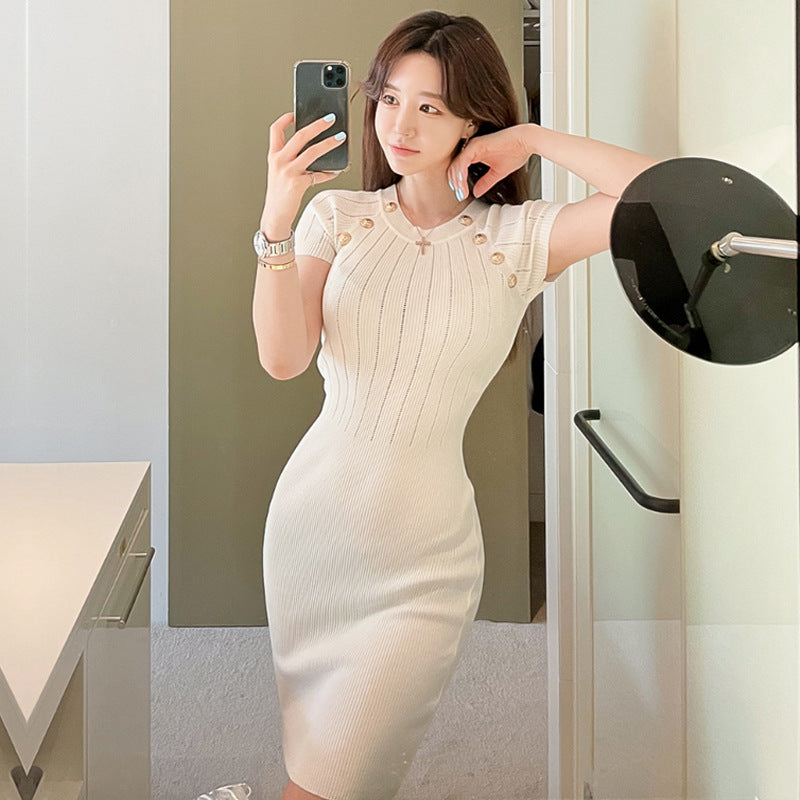 Korean-style women's hollow-out short-sleeve sweater dress, active top by Flip Styles, featuring a trendy, lightweight knit design.